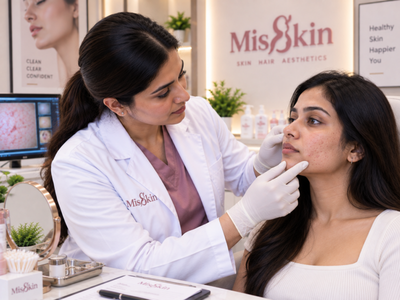 Dermatologist assessing acne marks and acne scars at Misskin Bangalore