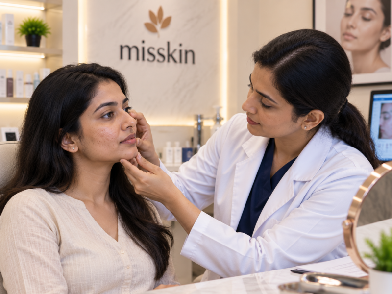 Indian woman discussing chemical peel and facial skin treatment options with a dermatologist at Misskin Bangalore