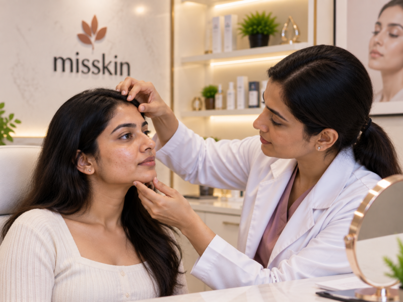 Indian woman consulting a dermatologist about oily skin and HydraFacial treatment at Misskin Bangalore