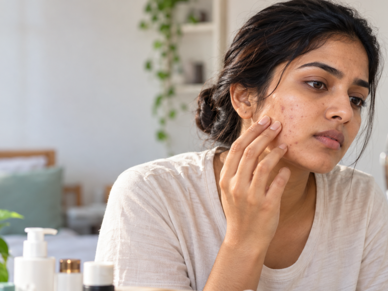 Natural acne and post-acne marks on a cheek, illustrating an acne treatment guide
