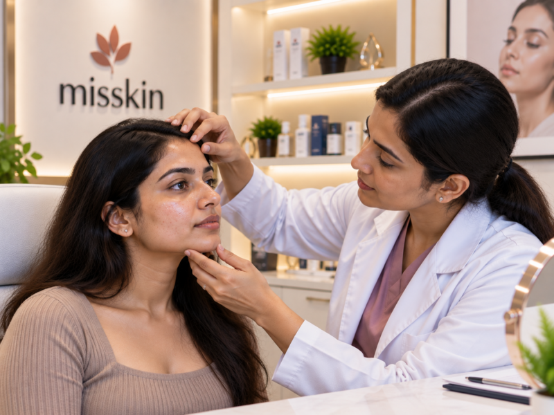 Indian woman consulting a dermatologist about carbon laser peel for oily skin at Misskin Bangalore